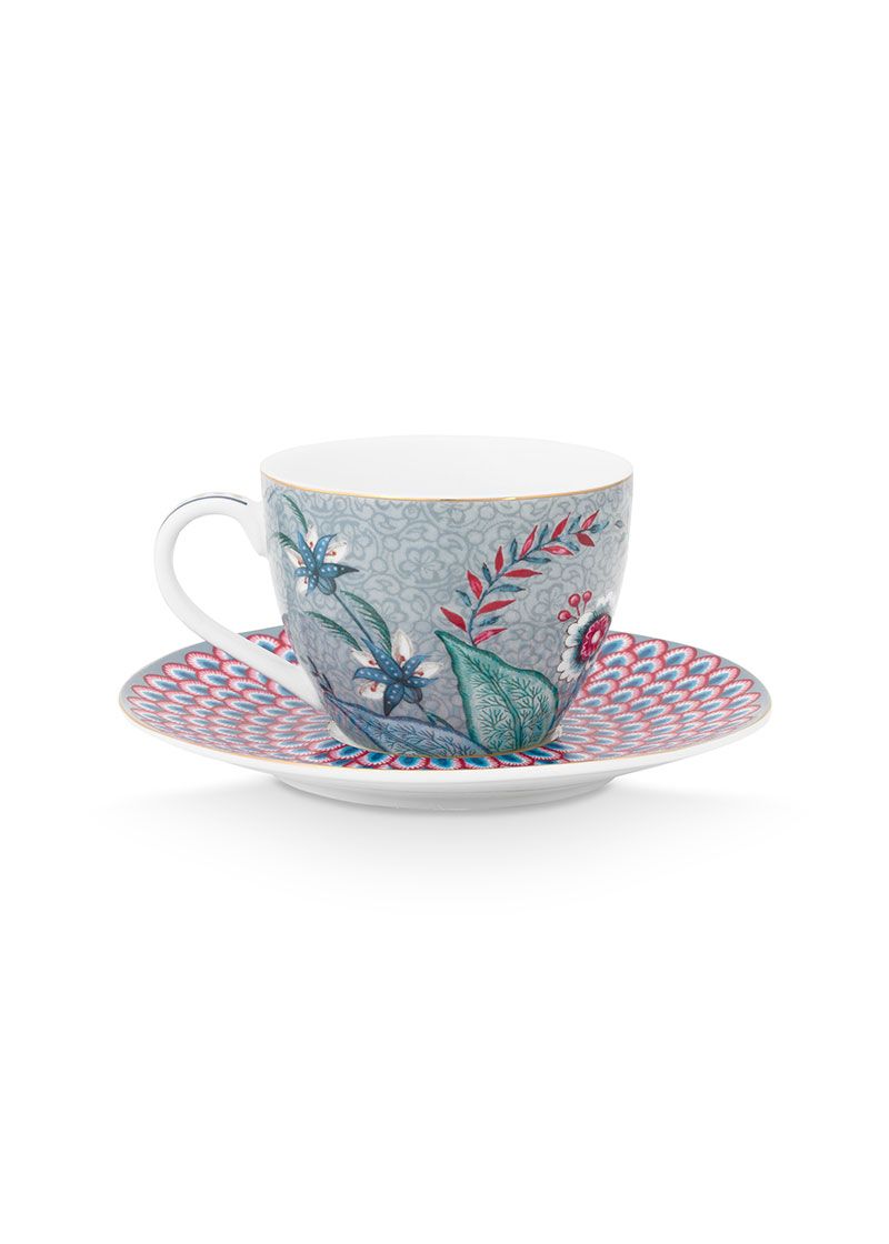 Set/2 Espresso Cups & Saucers Flower Festival Light Blue