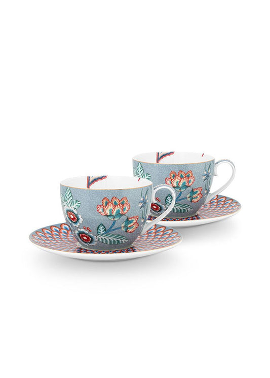 Set/2 Cups & Saucers Flower Festival Light Blue