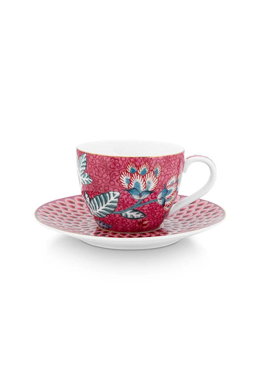 Set/2 Espresso Cups & Saucers Flower Festival Dark Pink