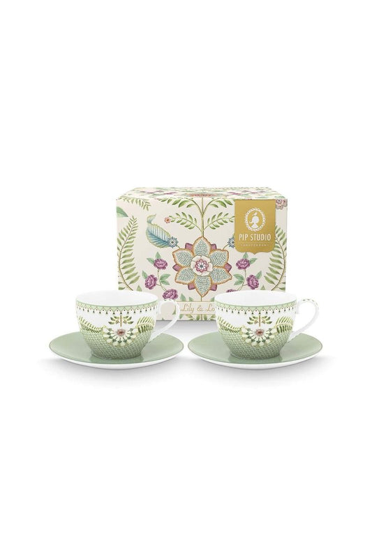 Set2 Cups And Saucers Lily Lotus Green