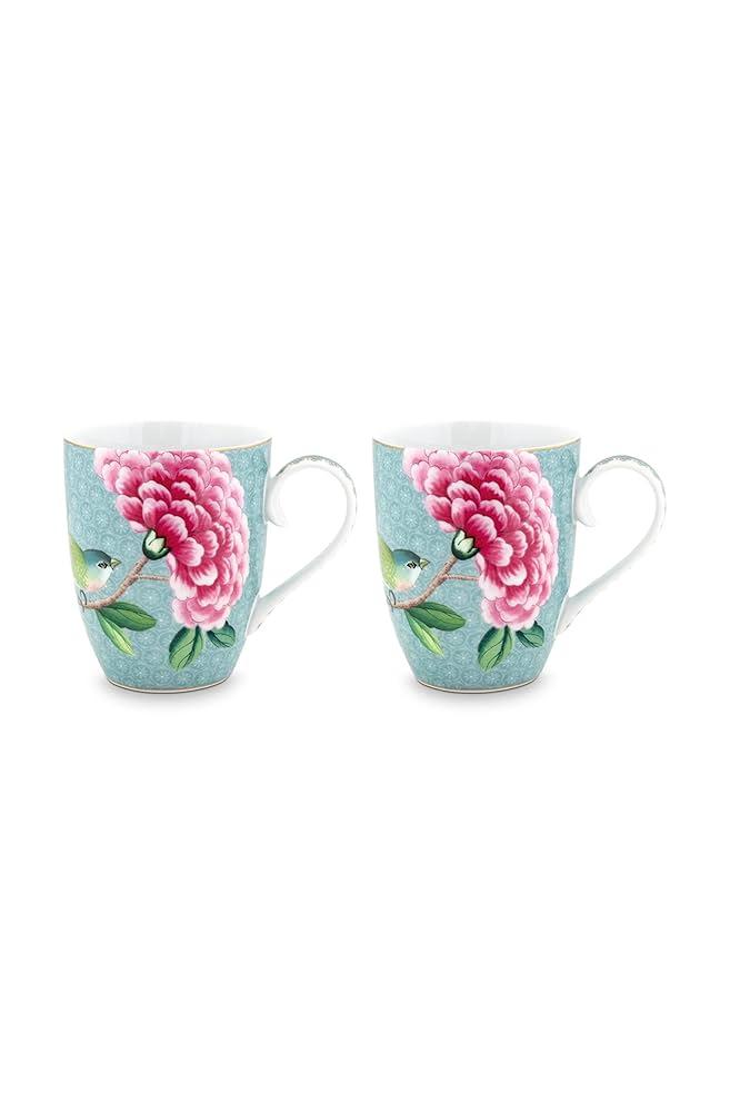 Set/2 Mugs Large Blushing Birds Blue