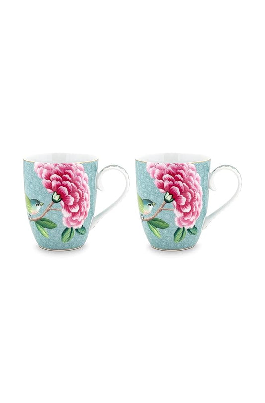 Set/2 Mugs Large Blushing Birds Blue