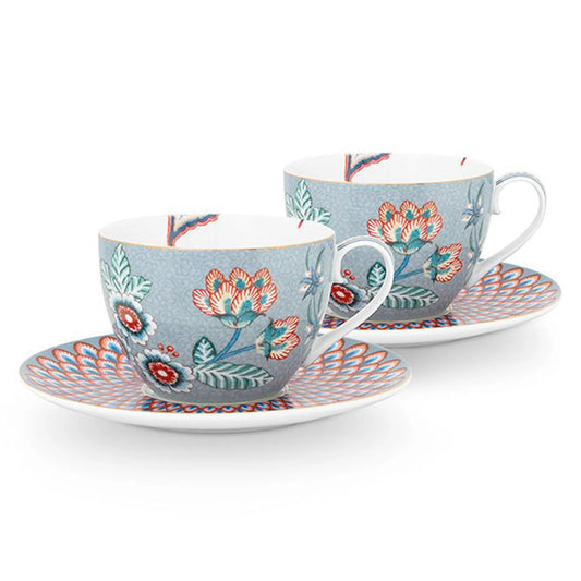 Set/2 Espresso Cups & Saucers Flower Festival Light Blue