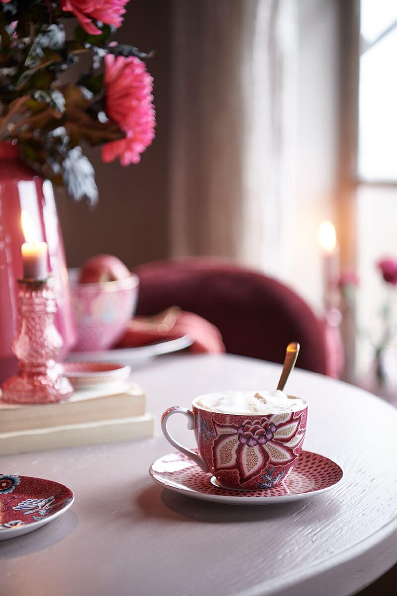 Set/2 Espresso Cups & Saucers Flower Festival Dark Pink