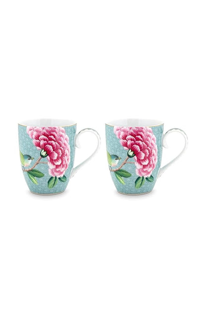 Set/2 Mugs Large Blushing Birds Blue