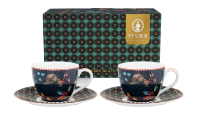 Set/2 Espresso Cups & Saucers Berry Blues
