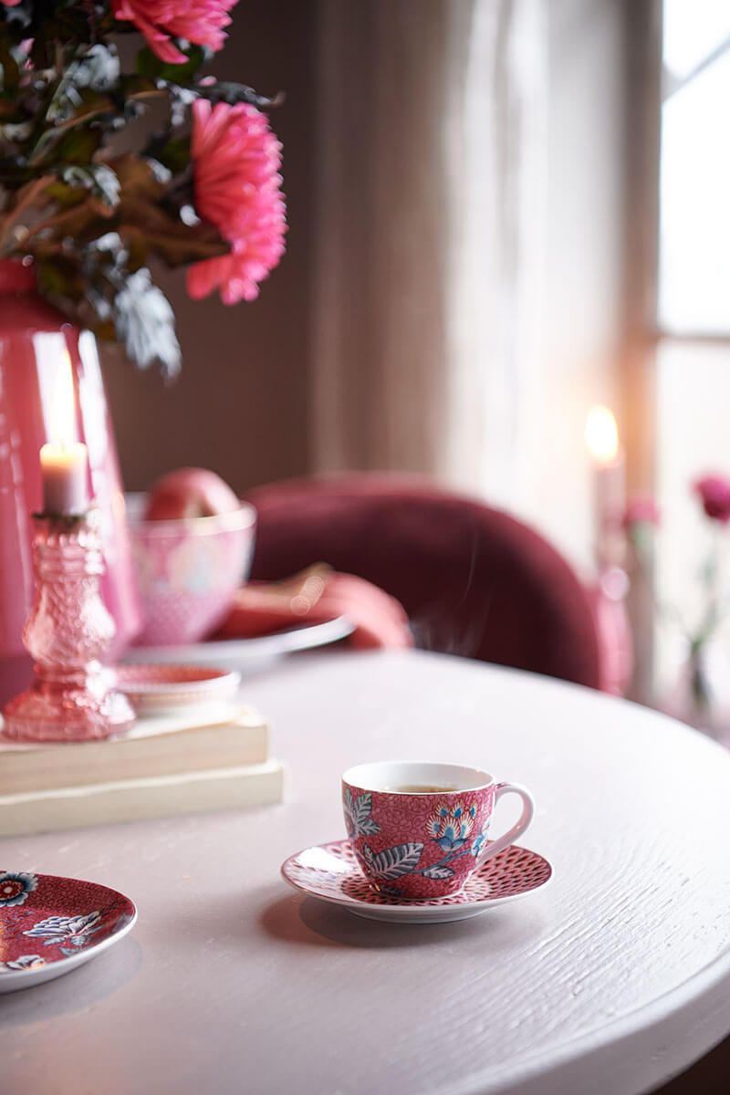 Set/2 Espresso Cups & Saucers Flower Festival Dark Pink