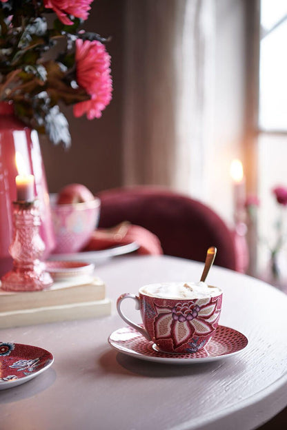 Set/2 Espresso Cups & Saucers Flower Festival Dark Pink